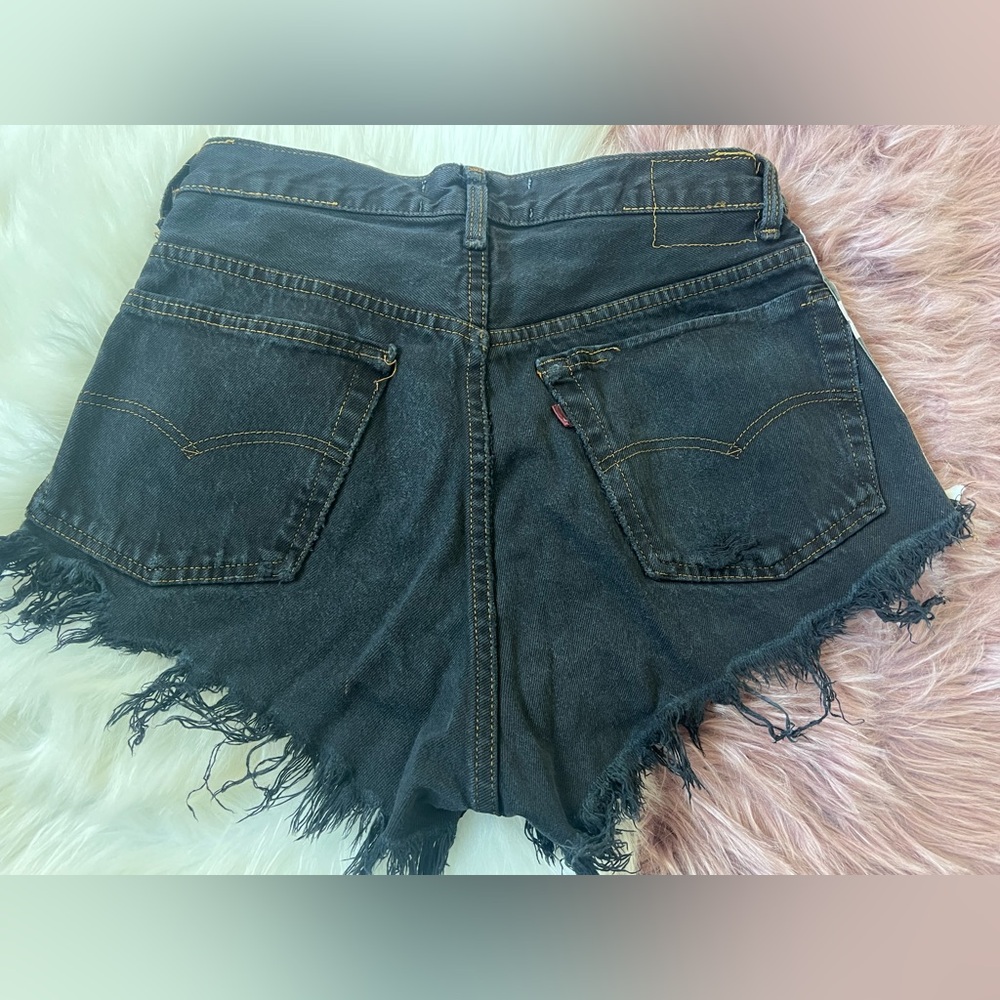 American Vintage Black Distressed Denim Shorts, Black-and-White Checkered Trim - Picture 7 of 10